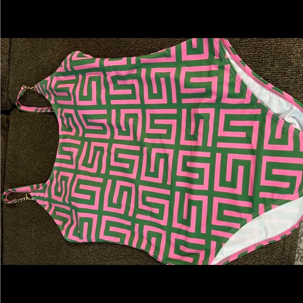 Stylish Green and Pink Patterned One-Piece Swimsuit - Picture 5 of 5